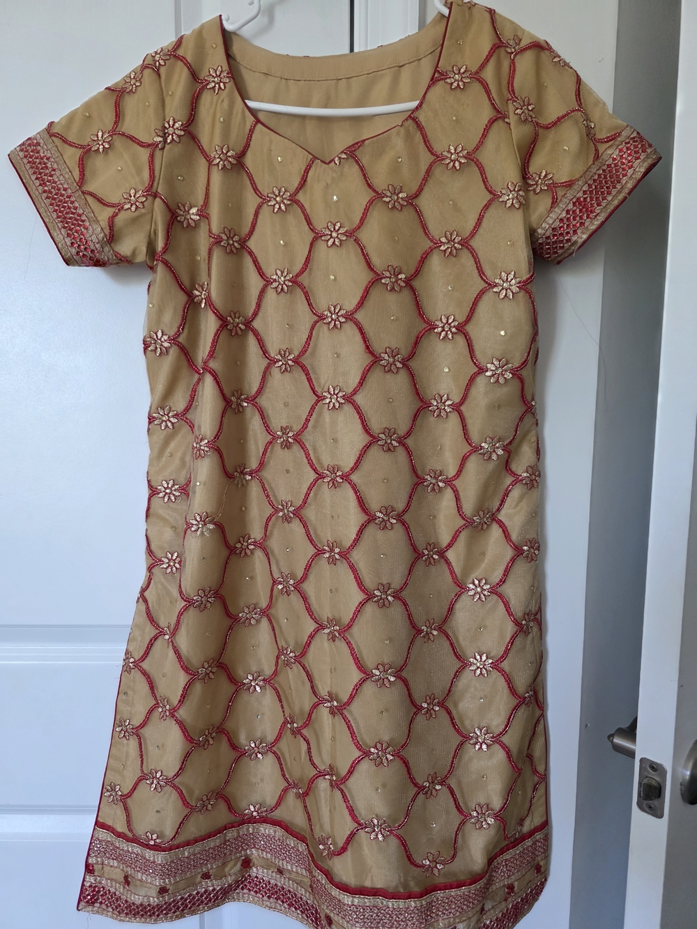 Embroidered Beige & Coral Kamiz And Dupatta